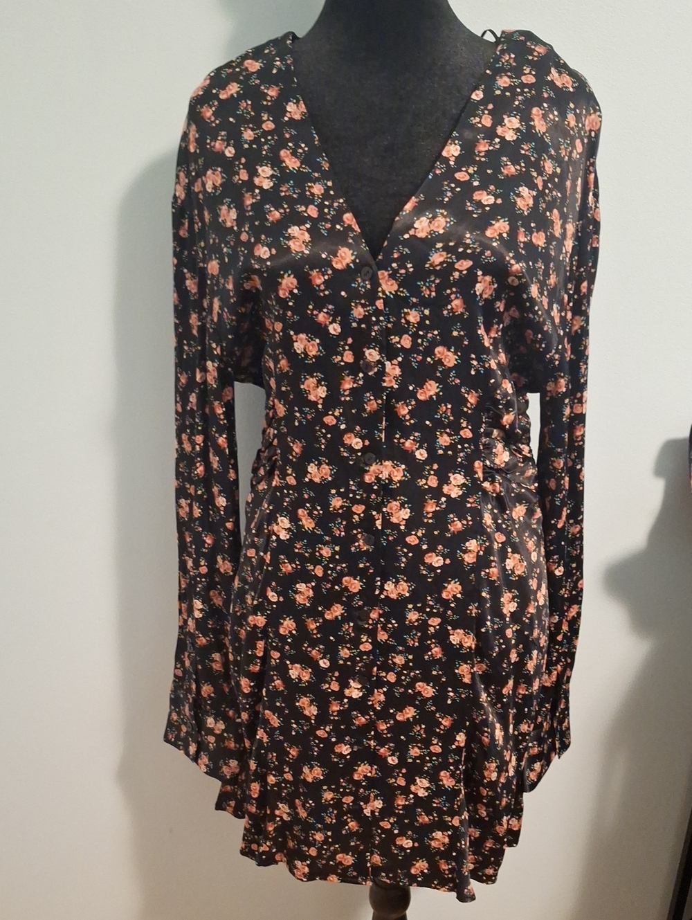 Zara Black Long Sleeve Floral Wrap Dress with Peach Flowers